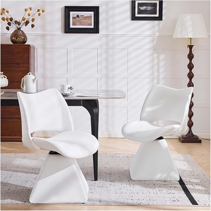 360° Swivel Dining Chair with Curved High Backrest, Comfy Faux Leather Kitchen Chair with Solid Wood Frame, Upholstered Seat for Kitchen Island Desk Living Room(White)