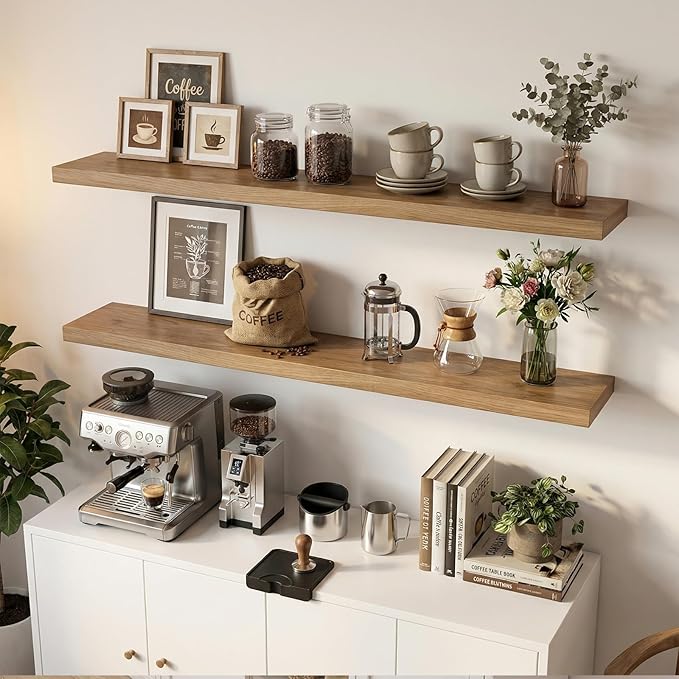 INHABIT UNION 47in Floating Shelves for Wall, Wall Mounted Shelves for Decor Storage Set of 2, Floating Shelf for Bedroom, Bathroom, Living Room and Kitchen（Gray Oak）