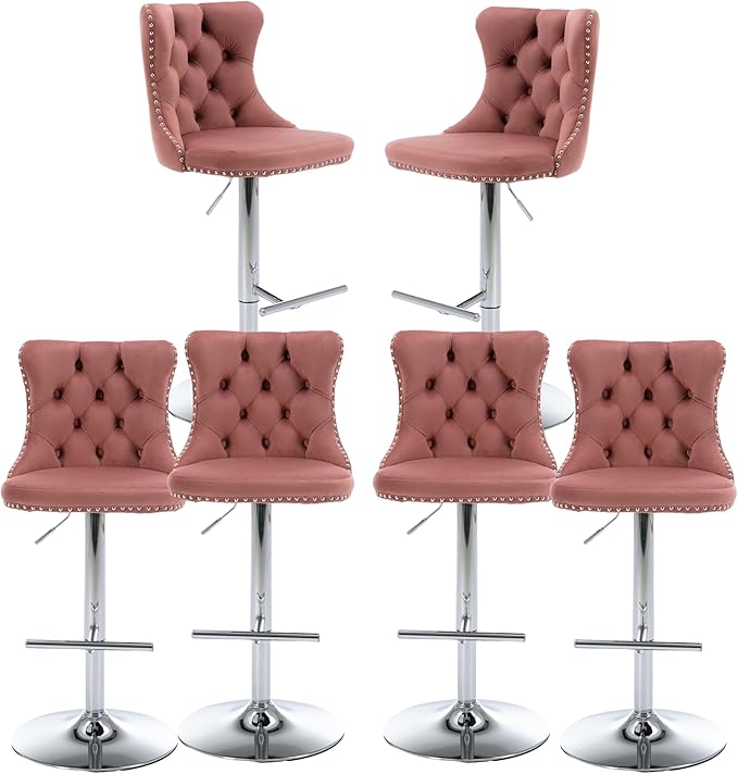 Rhomtree Velvet Swivel Bar Stools Upholstered Bar Stool with Button Tufted Back and Pull Ring Height Adjustable Barstools 25-33 Inch for Home Pub and Kitchen Island (Pink with Silver Base, Set of 6)