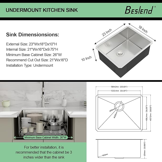 23 Inch Undermount Kitchen Sink - Beslend 23x18 Inch Undermount Sinks Stainless Steel Kitchen Sinks 16 Gauge Single Bowl Sink Bar Prep Sink