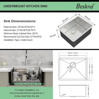 23 Inch Undermount Kitchen Sink - Beslend 23x18 Inch Undermount Sinks Stainless Steel Kitchen Sinks 16 Gauge Single Bowl Sink Bar Prep Sink