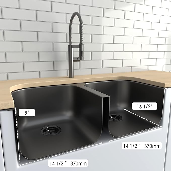 LQS 32 Inch Black Kitchen Sink, Double Bowl Kitchen Sink, Undermount Kitchen Sink Stainless Steel, Black Oval Kitchen Sink with Sleek Roun Corner for Easy Cleaning and Two Sink Strainers