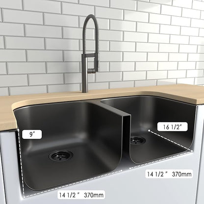 LQS 32 Inch Black Kitchen Sink, Double Bowl Kitchen Sink, Undermount Kitchen Sink Stainless Steel, Black Oval Kitchen Sink with Sleek Roun Corner for Easy Cleaning and Two Sink Strainers