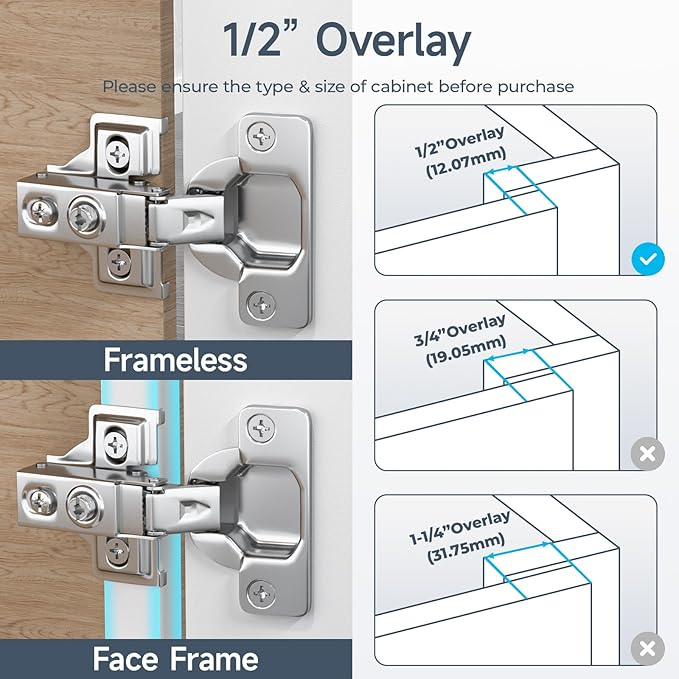 HOSOM 20 Pack 1/2" Overlay Soft Close Cabinet Hinges, Kitchen Door Hinges, Soft Close Hinges for Kitchen Doors, 100° Opening Angle, 2-Way Adjustment Cabinet Hinges Concealed