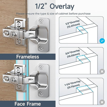 HOSOM 20 Pack 1/2" Overlay Soft Close Cabinet Hinges, Kitchen Door Hinges, Soft Close Hinges for Kitchen Doors, 100° Opening Angle, 2-Way Adjustment Cabinet Hinges Concealed