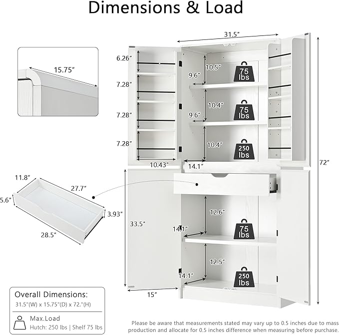Amposei 72’’ Tall Kitchen Pantry Cabinet with Drawer & Adjustable Shelves, Modern Cupboard Storage Cabinet for Living Utility Room, White