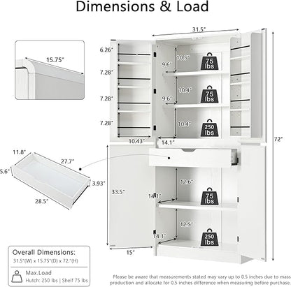 Amposei 72’’ Tall Kitchen Pantry Cabinet with Drawer & Adjustable Shelves, Modern Cupboard Storage Cabinet for Living Utility Room, White