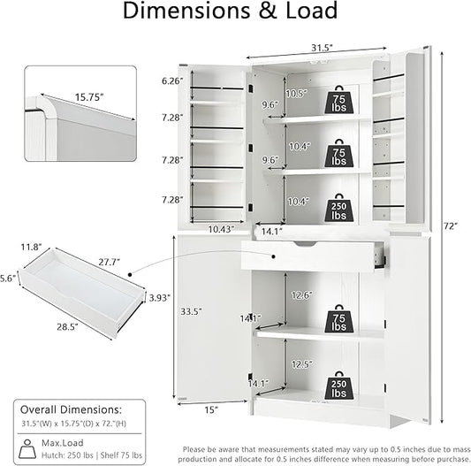 Amposei 72’’ Tall Kitchen Pantry Cabinet with Drawer & Adjustable Shelves, Modern Cupboard Storage Cabinet for Living Utility Room, White