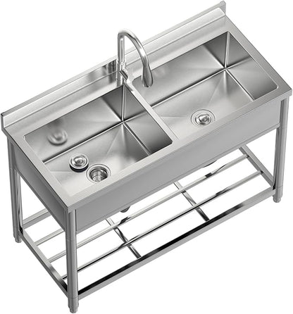 GGW 2-Compartment Commercial Sink, Stainless Steel Utility Sink with Pull-out Faucet, Free Standing Double Bowl Kitchen Sink for Restaurant, Garage, Shop, Cafe, Outoor, 21.7"D x 47.2"W x 37"H