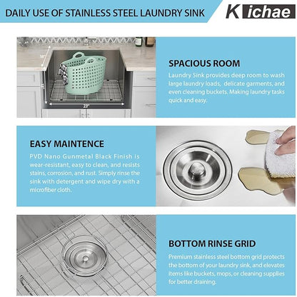 Kichae 23 Laundry Sink Undermount - 23x18 Inch Undermount Utility Sink Stainless Steel 13" Deep Single Bowl Under Counter Laundry Utility Room Handmade Basin