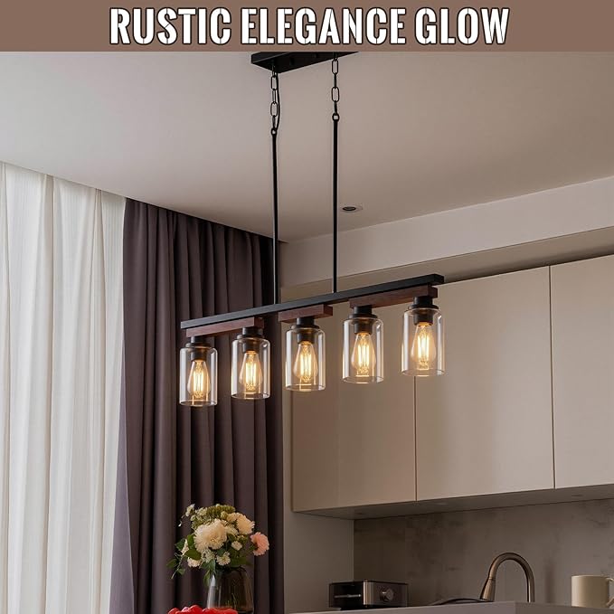 5-Light Kitchen Island Lighting & Farmhouse Dining Room Light Fixtures Over Table, Rustic Wood Linear Chandelier Adjustable Ceiling Hanging Pendant - Rotating Design, Customizable Shapes, Clear Glass