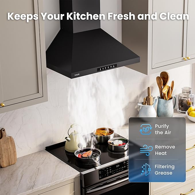 VIKIO HOME Wall Mount 36 Inch Range Hood 900 CFM, Ductless/Ducted Convertible, 3-speed Gesture Sensing & Touch Control, Black Painted Stainless Steel Vent Kitchen Hood with Permanent Baffle Filters