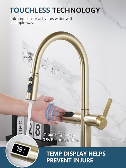 Lefton Touchless Pull-Out Kitchen Faucet, Hands Free Motion Sensor Activated, Battery-Free Temperature Display, KF2206 (Contemporary, Brushed Gold)