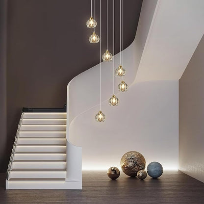 Weesalife Crystal Chandeliers for Staircases, 7-Light Gold Modern Chandeliers for High Ceilings，Crystal Pendant Light Fixture for Living Room Kitchen Island Foyer Hallway Bar
