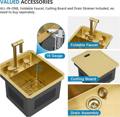 13"x15" Undermount RV Kitchen Sink Workstation – Brushed Gold NANO-PVD, 16 Gauge 304 Stainless Steel, Single Bowl Basin with Foldable Faucet for RV, Camper, Mobile Home, Wet Bar
