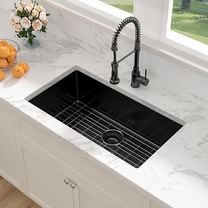 Sarlai 32 Matte Black Undermount Kitchen Sink - 32x19 Inch Kitchen Sink Undermount with Ledge NANO-Tech Round Corner 16 Gauge Stainless Steel Single Bowl Sinks Basin