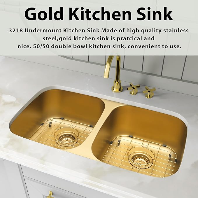 LQS Brushed Gold Kitchen Sink, 32 Inch Undermount Kitchen Sink Gold, Double Kitchen Sink Stainless Steel with Two Sink Strainers and Two Sink Grids
