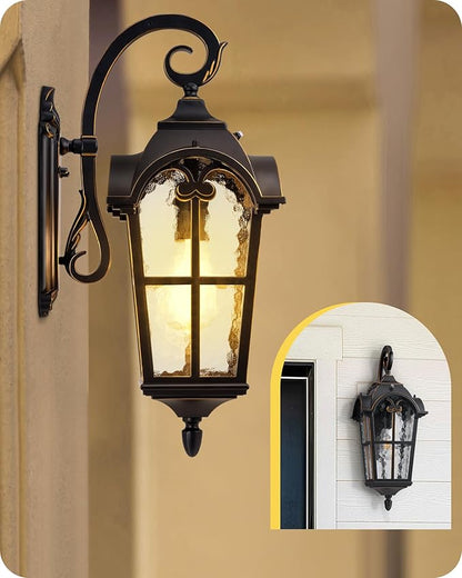 EDISHINE Dusk to Dawn Outdoor Wall Lights, 20.4" Large Size Exterior Lantern Fixture, Porch Lights Wall Mount, Roman Wall Lamp, Waterproof Outside Wall Sconce for Front Door Garage, Black