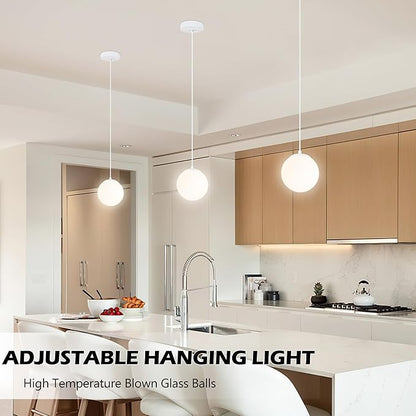 KoKo&Yukina 6 Inch Globe Pendant Light White Globe Pendant Lights Kitchen Island Mid Century Light Fixture with Milky White Glass Shade for Dining Room (2 Pack)