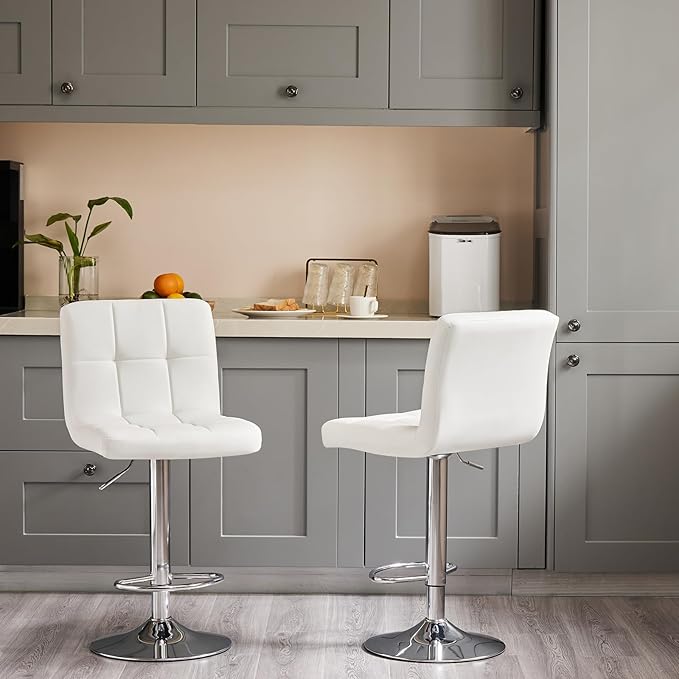 Sweetcrispy Bar Stools Set of 2, Armless PU Leather Adjustable Swivel Barstools, Hydraulic Kitchen Counter Height Thickened Seat Cushion Square Island Countertop Chairs with Back, White
