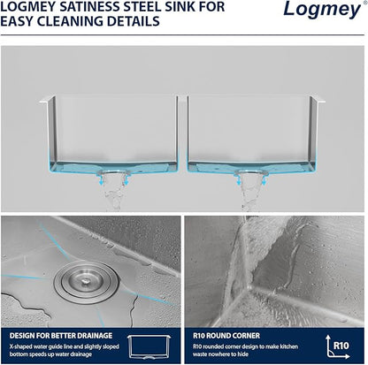 Logmey 33 inch Double Bowl Farmhouse Sink - 33x20 16 Gauge Stainless Steel Farm Sink Apron Front 50/50 Farm Kitchen Sinks