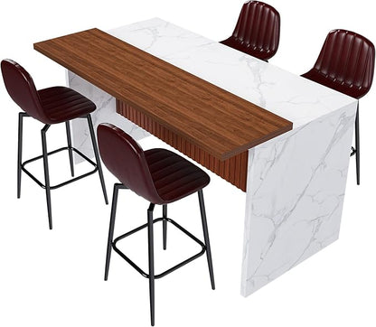 63 inch Kitchen Island Set with 4 Dark Brown Bar Stools White Marble Look, LED Lighting Grill for Dining Room, Open Concept Spaces, Lounge(4 Dark Brown Bar Stools)