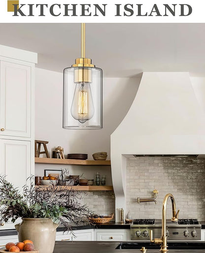 Brass Pendant Lights Kitchen Island 2 Pack, Farmhouse Gold Pendant Lighting with Clear Glass Shade, Mini Hanging Light Fixture for Kitchen Sink Dining, AD-22281-1P2-GD-C