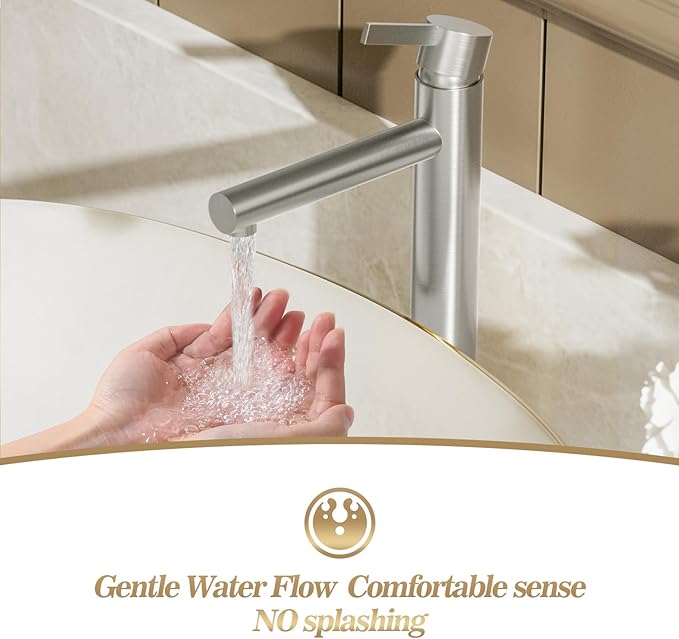 Phiestina Single Hole Tall Brushed Nickel Vessel Bathroom Sink Faucet, One Hole Single Handle Modern Bathroom Faucet, with Pop Up Drain and Water Supply Line,FH01-BN-V