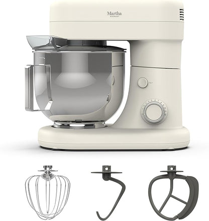 Martha Stewart  Tilt-Head Stand Mixer, 12 Speed, 5.3QT Stainless Steel Bowl, Splash Guard with Pour Chute, Whisk, Dough Hook, Flat Beater, Electric Kitchen Baking Mixer, Bread, Cake, Whip, Linen White