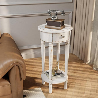 SUNBURY Round Side Table with Drawer, Small Drink Table for Small Spaces, Industrial Nightstand with Storage Shelf for Living Room, Bedroom, Corners, and Office (28" H, White)