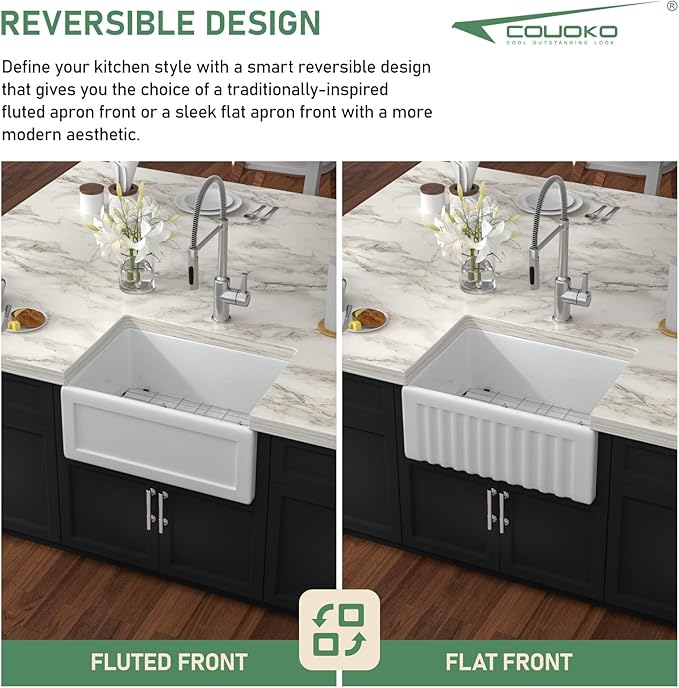 24 Inch White Farmhouse Sink Reversible Apron Front Fireclay Farm Sinks Heavy Duty Large Deep Ceramic Single Bowl Farm House Sinks, 24" x 18" x 10"