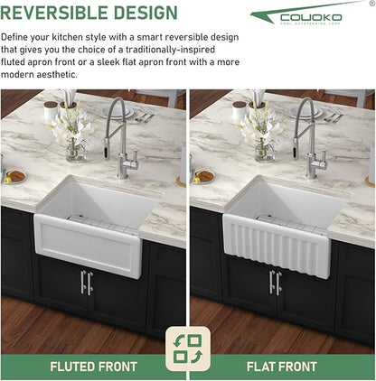 24 Inch White Farmhouse Sink Reversible Apron Front Fireclay Farm Sinks Heavy Duty Large Deep Ceramic Single Bowl Farm House Sinks, 24" x 18" x 10"