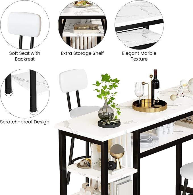 Lamerge Furniture Kitchen Bar Height Table and Chairs for 2, 5-Tier Compact Dining Room Table, White Faux Marble Top and 2 PU Leather Upholstered Seat Black Frame, Modern Dining Set for Home & Office
