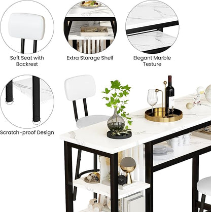 Lamerge Furniture Kitchen Bar Height Table and Chairs for 2, 5-Tier Compact Dining Room Table, White Faux Marble Top and 2 PU Leather Upholstered Seat Black Frame, Modern Dining Set for Home & Office