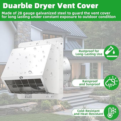 6 Inch Hooded Wall Vent with Flap and Mesh,6 inch Dryer Vent Cover,6''Exhaust Vent Cover Cap for Kitchen Range Hood/Dryer/Bathroom Exhaust Duct,Wall Mount Exterior Vent Hood Outdoor with Large Opening