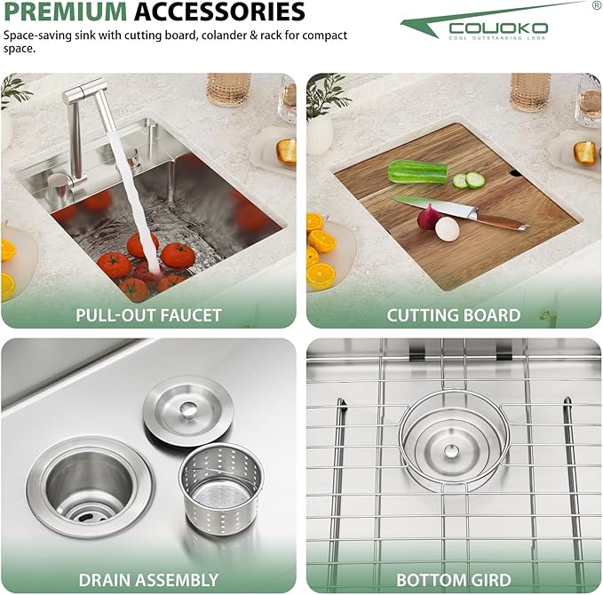 15x18 Inch Outdoor Sink Undermount RV Sink Workstation 16 Gauge Stainless Steel Single Bowl Handmade Concealed Outdoor Kitchen Sinks With Folding Faucet 15"x18"x9"