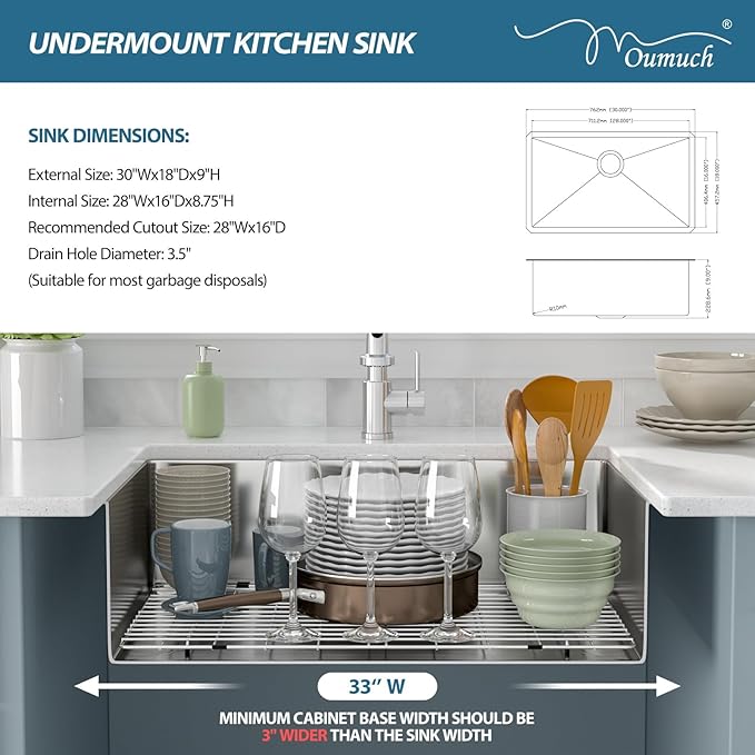 30 Kitchen Sink - Oumuch 30x18 Undermount Sinks 16 Gauge Stainless Steel Kitchen Sinks Single Bowl Sink Under Counter Basin for Kitchens