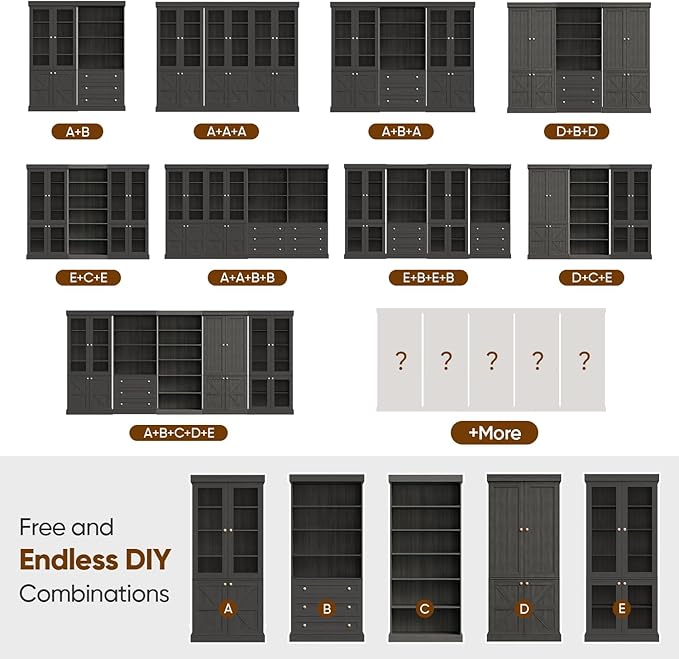70.8" Farmhouse Kitchen Pantry Cabinet with Glass Doors, Modular Storage Cabinet with 6-Tier Adjustable Shelves, Large Storage Cabinet for Kitchen or Living Room, Set of 4, Black