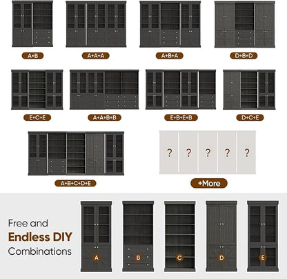 70.8" Farmhouse Kitchen Pantry Cabinet with Glass Doors, Modular Storage Cabinet with 6-Tier Adjustable Shelves, Large Storage Cabinet for Kitchen or Living Room, Set of 4, Black