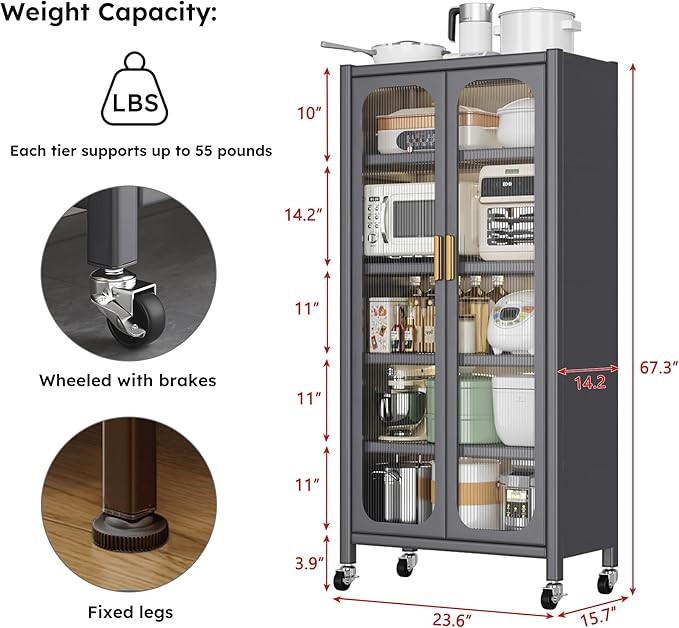 Runboll Kitchen Pantry Storage Cabinet, 6 Tier Metal Sideboard with Wheels and Acrylic Glass Door, Modern Display Curio Cabinet Bookcase