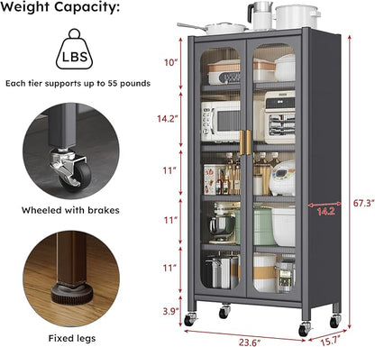 Runboll Kitchen Pantry Storage Cabinet, 6 Tier Metal Sideboard with Wheels and Acrylic Glass Door, Modern Display Curio Cabinet Bookcase