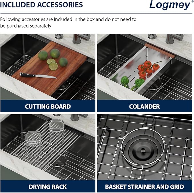 Logmey 33" Black Undermount Kitchen Sink 33x19 NANO-PVD All in One Workstation Sink 16 Gauge Stainless Steel Single Bowl for Heavy-Duty Use,Home Chef & Modern Kitchen Prep