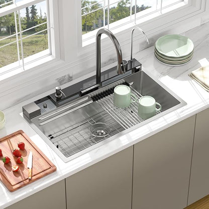 33 Inch Waterfall Kitchen Sink - Beslend 33x19 Drop In Waterfall Sink Stainless Steel Workstation Modern Smart Sinks 16-Gauge Single Bowl with Faucet, Digital Display and Fancy Ambient Light