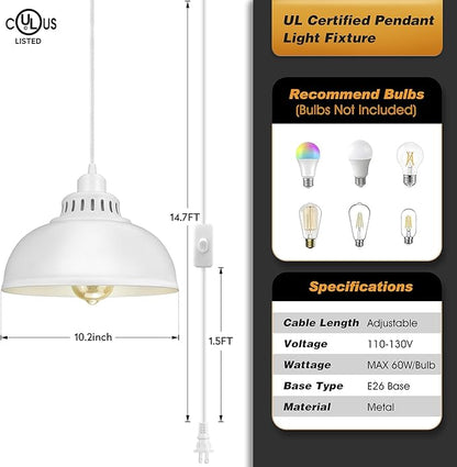 Plug in Pendant Light, 15FT Hanging Lights with Plug in Cord, On/Off Switch, Industrial Pendant Light with Plug in Cord, Metal Hanging Lamps for Living Room, Kitchen Big White