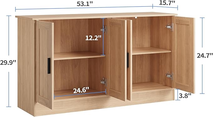 Anystyle 53" Oak Buffet Cabinet with Storage, Modern Kitchen Sideboard with 4 Doors & Adjustable Shelves, Entryway Credenza & TV Console Table for Living Room, Dining Room
