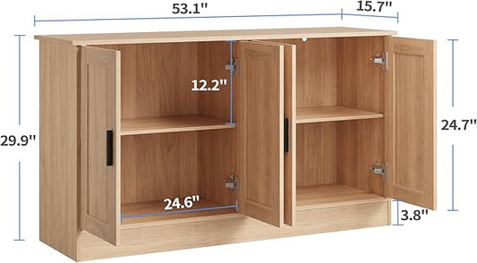Anystyle 53" Oak Buffet Cabinet with Storage, Modern Kitchen Sideboard with 4 Doors & Adjustable Shelves, Entryway Credenza & TV Console Table for Living Room, Dining Room