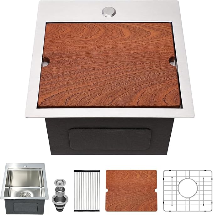 Kichae Drop In Bar Sink- 15 x 15 Small RV Sink Topmount 16 Gauge Stainless Steel Single Bowl Ledge Workstation Wet Bar Prep Kitchen Sinks Patio Handmade Basin with Cutting Board & Rack