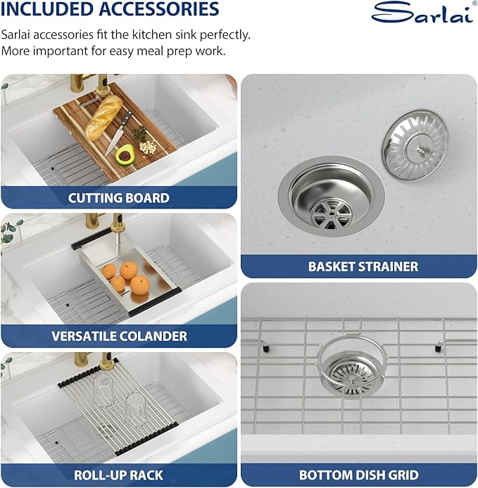 Sarlai Granite Composite Kitchen Sink - 30"x22" Drop In Kitchen Sink 30 Inch Ledge Workstation White Granite Quartz Composite Top-Mount Single Bowl Sinks Basin with Accessories
