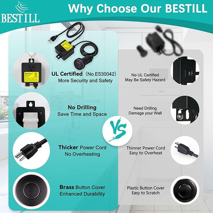 BESTILL Sink Top Garbage Disposal Air Switch Kit - Professional, UL Listed Single Outlet Long Push Button with Brass Cap, Oil Rubbed Bronze/ORB
