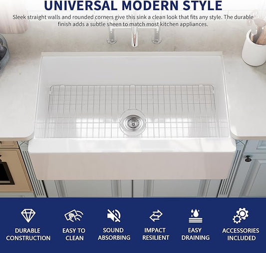 DeerValley 33" L x 20" W White Farmhouse Kitchen Sink Fireclay Apron Front Undermount Farm Sink Single Bowl Pure White Farmer Sink Large Capacity Deep Kitchen Sink with Accessories